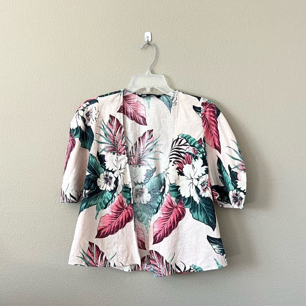 Zara Linen Blend Tropical Print Bolero Top